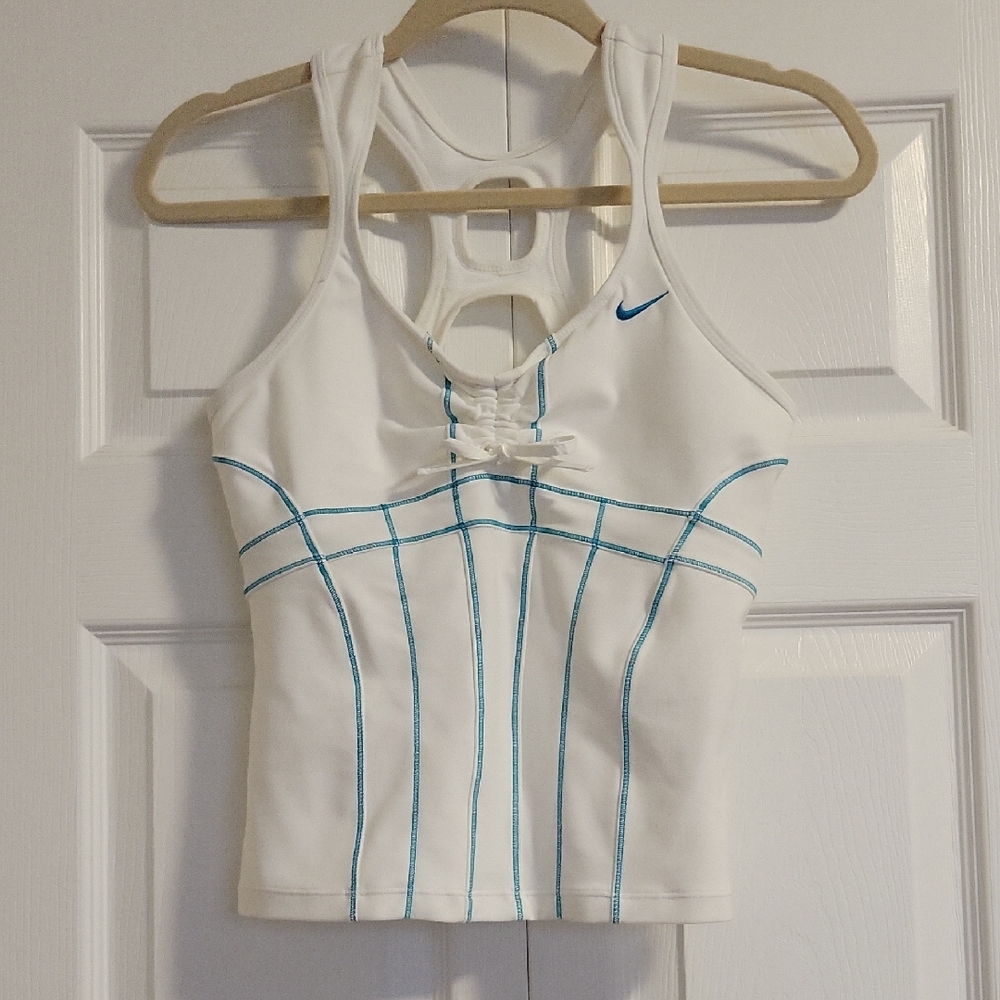 Nike White FITDRY Top with Blue Accents
